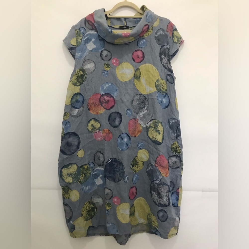 Lace Linen Grey Bubble-Print Dress with Cowl Neck Size M